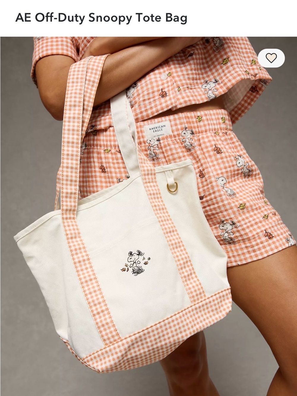 American Eagle Outfitters SNOOPY Cream Tote with Peach Gingham Trim 🍂